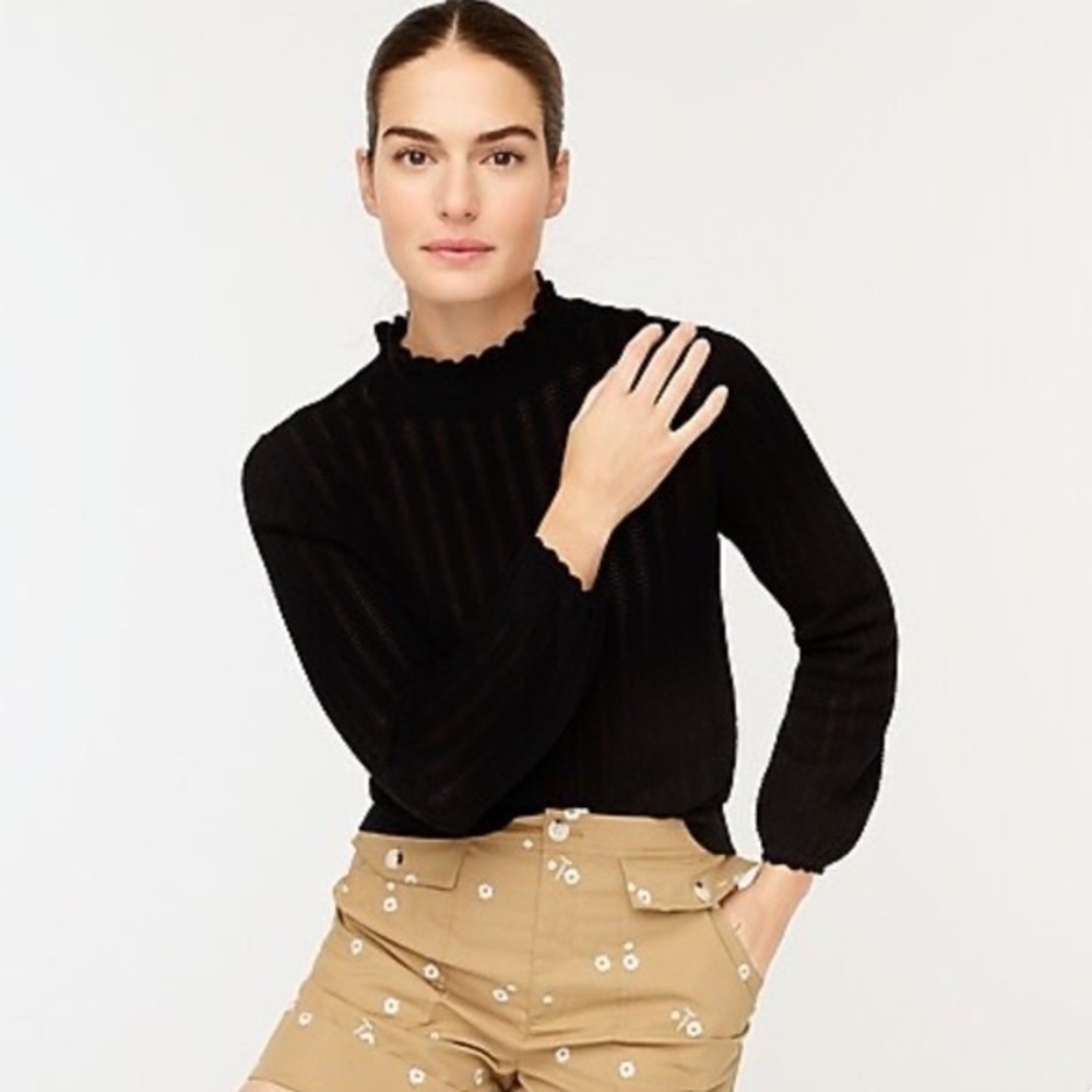 JCrew Pointelle ruffle mockneck sweater black XXS perfect spring top NWOT